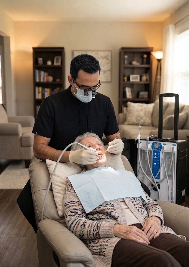 A modern mobile dental hygiene setup in a bright home environment